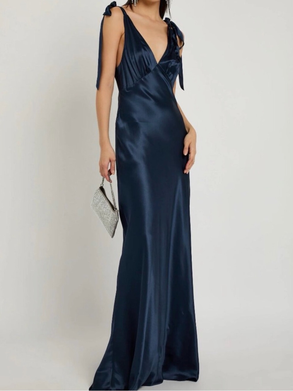 Reformation Navy Satin Maxi Dress with Tie Straps